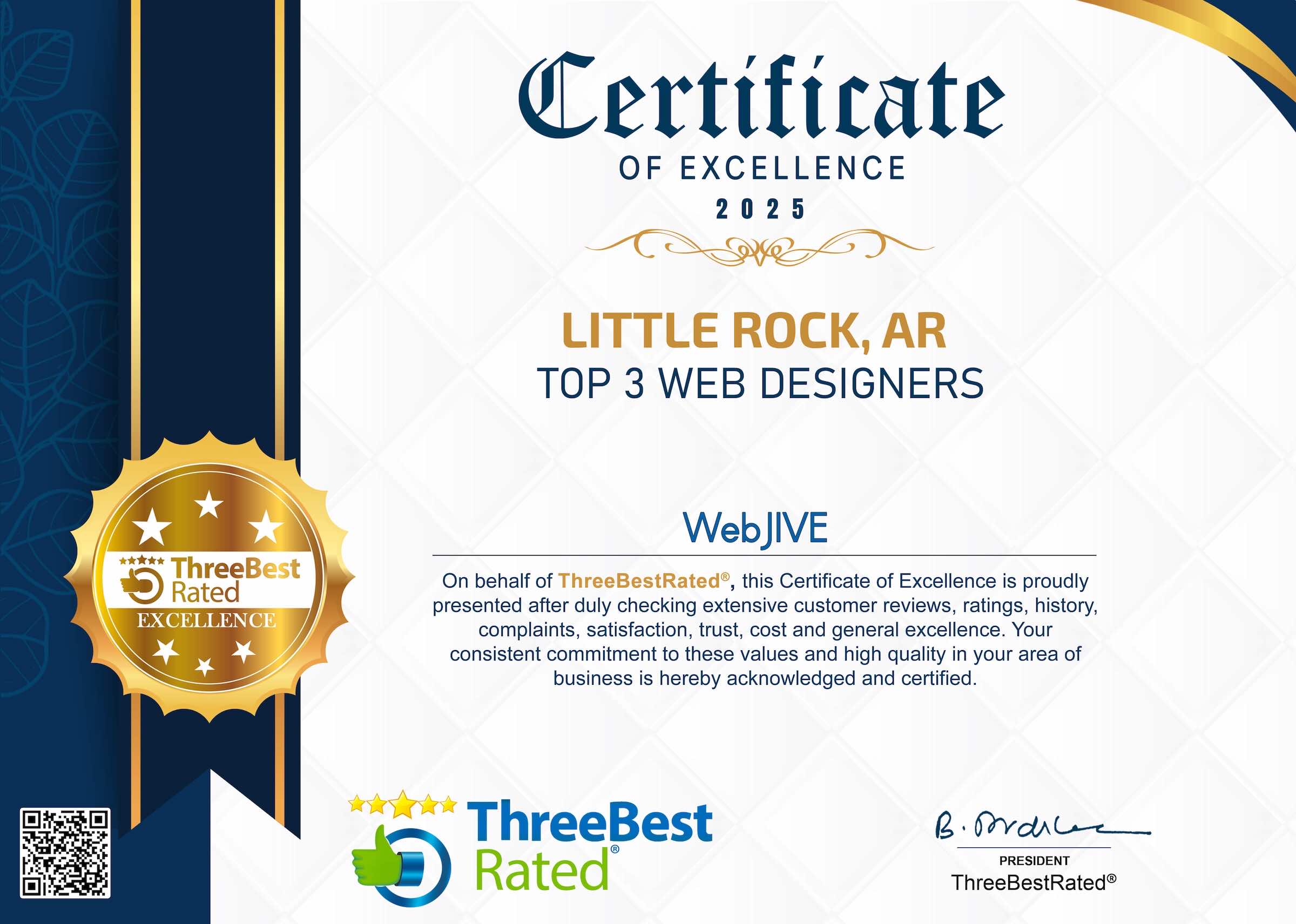 Certificate of Excellence 2025 — Top 3 Web Designer in Little Rock, awarded by ThreeBestRated